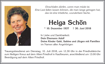 Traueranzeige von Helga Schön von Allgäuer Zeitung, Kaufbeuren/Buchloe