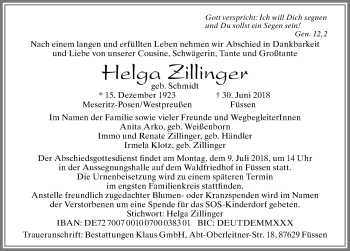 Traueranzeige von Helga Zillinger von Allgäuer Zeitung, Füssen
