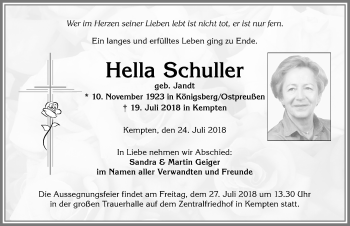 Traueranzeige von Hella Schuller von Allgäuer Zeitung,Kempten