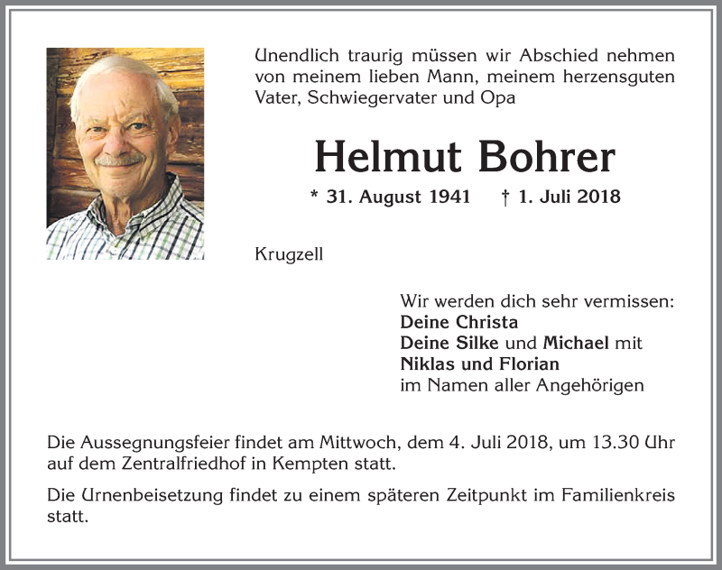  Traueranzeige für Helmut Bohrer vom 03.07.2018 aus Allgäuer Zeitung,Kempten