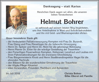 Traueranzeige von Helmut Bohrer von Allgäuer Zeitung,Kempten