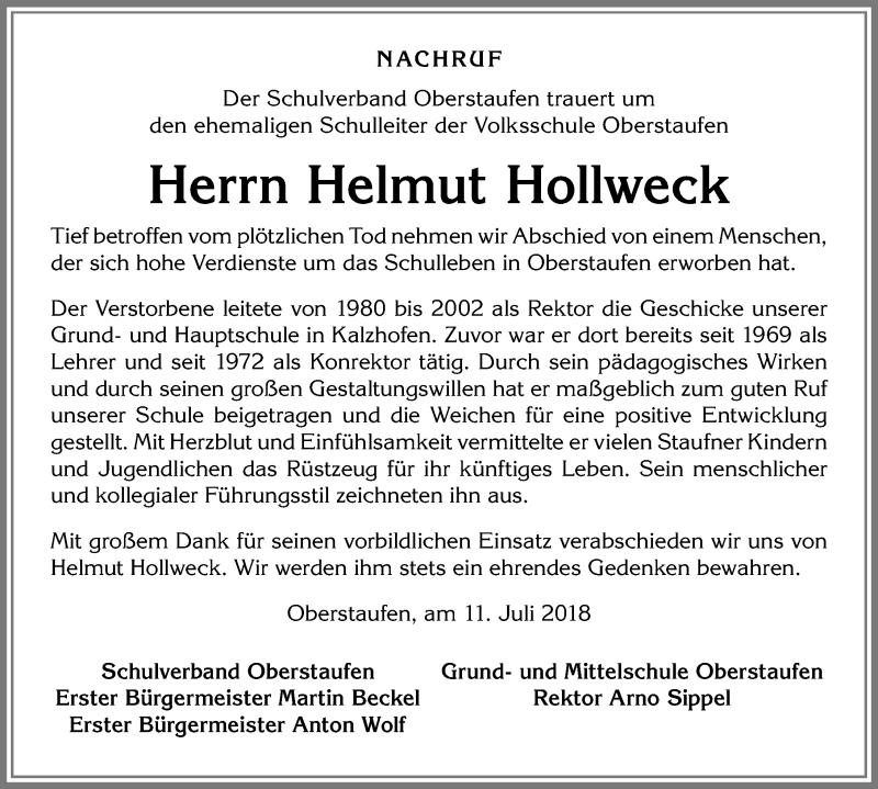 Traueranzeige für Helmut Hollweck vom 11.07.2018 aus Allgäuer Anzeigeblatt