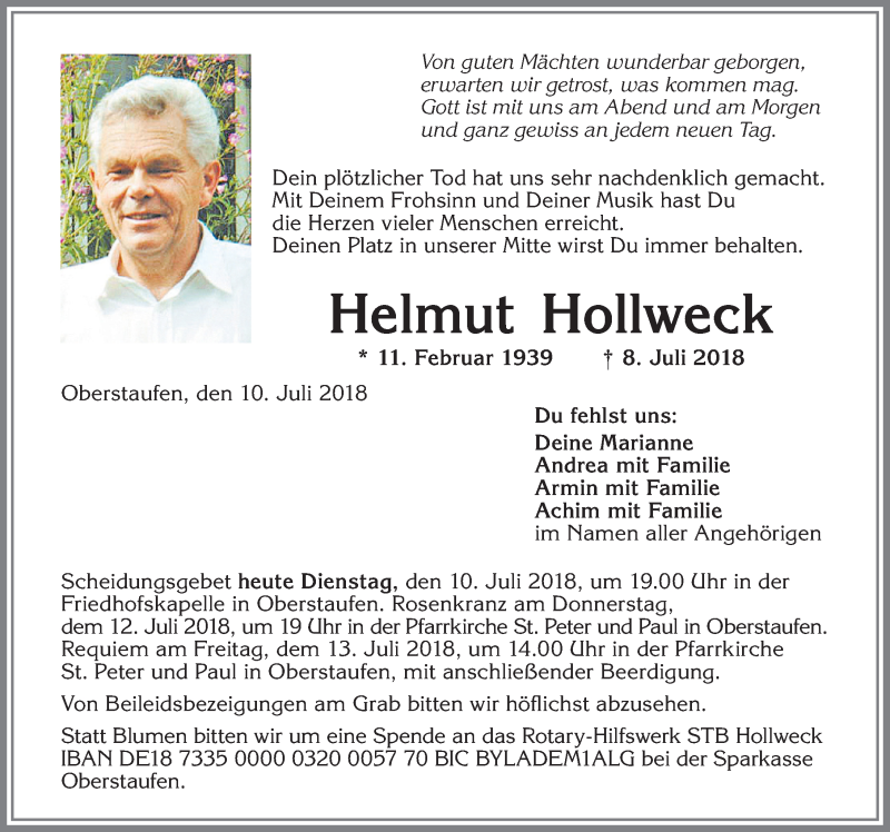  Traueranzeige für Helmut Hollweck vom 10.07.2018 aus Allgäuer Anzeigeblatt