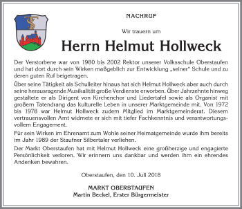 Traueranzeige von Helmut Hollweck von Allgäuer Anzeigeblatt