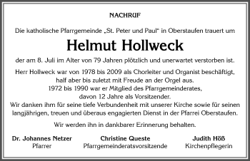 Traueranzeige von Helmut Hollweck von Allgäuer Anzeigeblatt