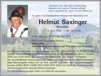 Traueranzeige von Helmut Saxinger von Allgäuer Anzeigeblatt