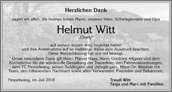 Traueranzeige von Helmut Witt von Allgäuer Zeitung, Füssen