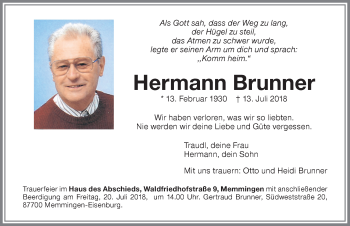 Traueranzeige von Hermann Brunner von Memminger Zeitung