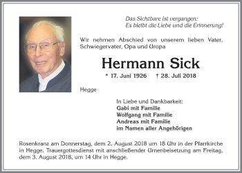 Traueranzeige von Hermann Sick von Allgäuer Zeitung,Kempten