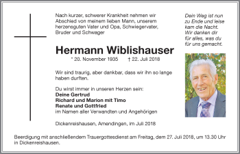 Traueranzeige von Hermann Wiblishauser von Memminger Zeitung