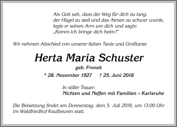 Traueranzeige von Herta Maria Schuster von Allgäuer Zeitung, Kaufbeuren/Buchloe