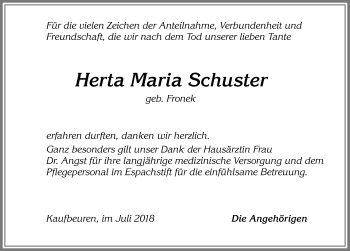 Traueranzeige von Herta Maria Schuster von Allgäuer Zeitung, Kaufbeuren/Buchloe