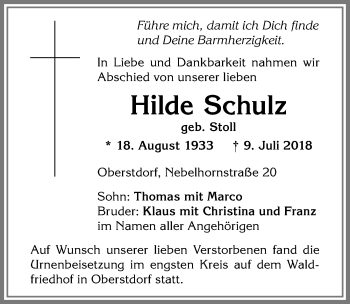 Traueranzeige von Hilde Schulz von Allgäuer Anzeigeblatt