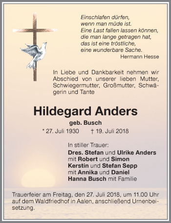 Traueranzeige von Hildegard Anders von Memminger Zeitung