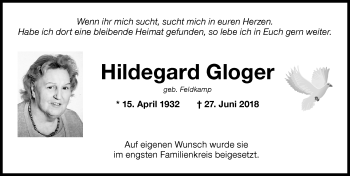 Traueranzeige von Hildegard Gloger von Memminger Zeitung