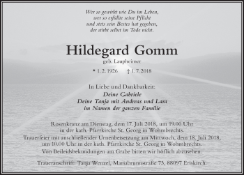 Traueranzeige von Hildegard Gomm von Der Westallgäuer