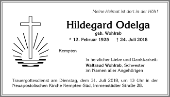 Traueranzeige von Hildegard Odelga von Allgäuer Zeitung,Kempten