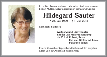 Traueranzeige von Hildegard Sauter von Allgäuer Zeitung,Kempten
