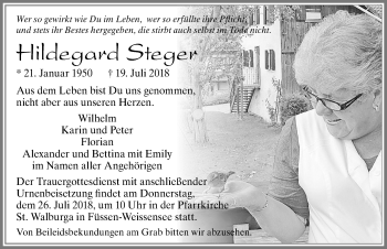 Traueranzeige von Hildegard Steger von Allgäuer Zeitung, Füssen