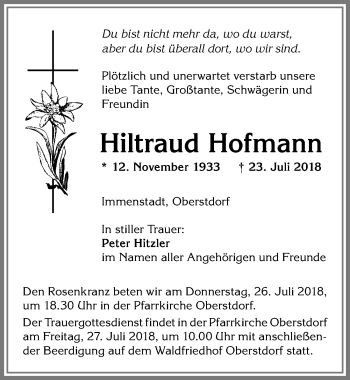 Traueranzeige von Hiltraud Hofmann von Allgäuer Anzeigeblatt