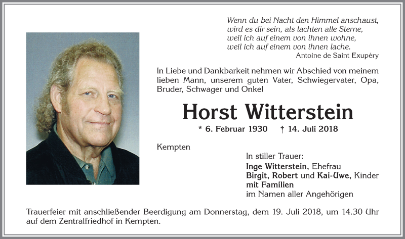  Traueranzeige für Horst Witterstein vom 17.07.2018 aus Allgäuer Zeitung,Kempten