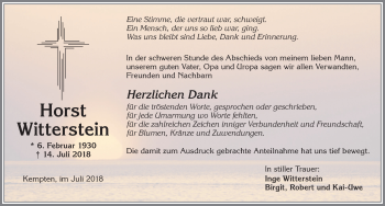 Traueranzeige von Horst Witterstein von Allgäuer Zeitung,Kempten