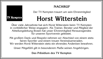 Traueranzeige von Horst Witterstein von Allgäuer Zeitung,Kempten