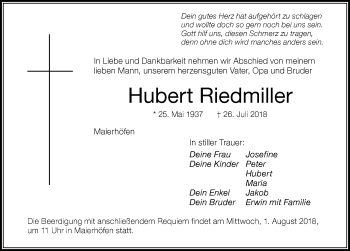 Traueranzeige von Hubert Riedmiller von Der Westallgäuer