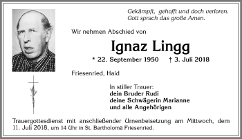 Traueranzeige von Ignaz Lingg von Allgäuer Zeitung