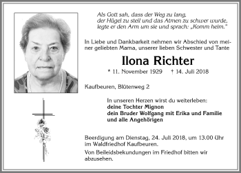 Traueranzeige von Ilona Richter von Allgäuer Zeitung, Kaufbeuren/Buchloe