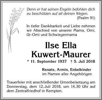 Traueranzeige von Ilse Ella Kuwert-Maurer von Allgäuer Zeitung,Kempten