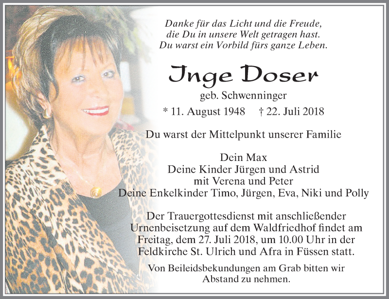  Traueranzeige für Inge Doser vom 25.07.2018 aus Allgäuer Zeitung, Füssen