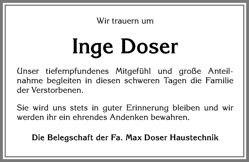  Traueranzeige für Inge Doser vom 25.07.2018 aus Allgäuer Zeitung, Füssen