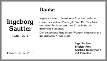 Traueranzeige von Ingeborg Sautter von Allgäuer Anzeigeblatt