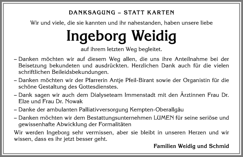  Traueranzeige für Ingeborg Weidig vom 04.07.2018 aus Allgäuer Anzeigeblatt