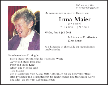 Traueranzeige von Irma Maier von Der Westallgäuer