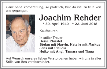 Traueranzeige von Joachim Rehder von Allgäuer Zeitung, Kaufbeuren/Buchloe