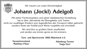 Traueranzeige von Johann Adelgoß von Allgäuer Anzeigeblatt