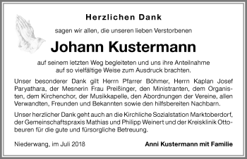 Traueranzeige von Johann Kustermann von Allgäuer Zeitung, Marktoberdorf