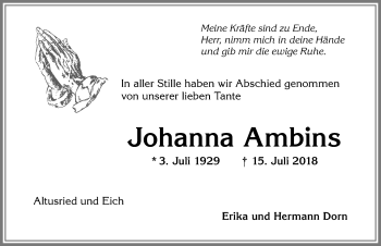 Traueranzeige von Johanna Ambins von Allgäuer Zeitung,Kempten