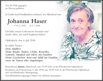 Traueranzeige von Johanna Haser von Der Westallgäuer