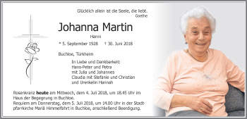 Traueranzeige von Johanna Martin von Allgäuer Zeitung