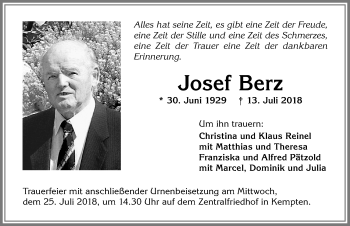 Traueranzeige von Josef Berz von Allgäuer Zeitung,Kempten