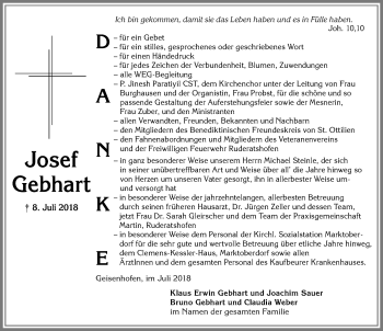 Traueranzeige von Josef Gebhart von Allgäuer Zeitung, Marktoberdorf
