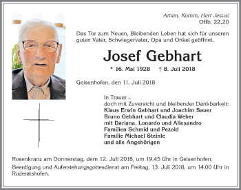 Traueranzeige von Josef Gebhart von Allgäuer Zeitung, Marktoberdorf