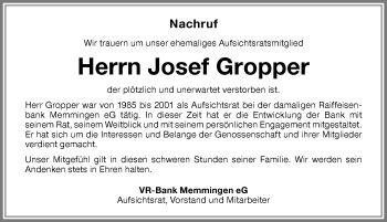Traueranzeige von Josef Gropper von Memminger Zeitung