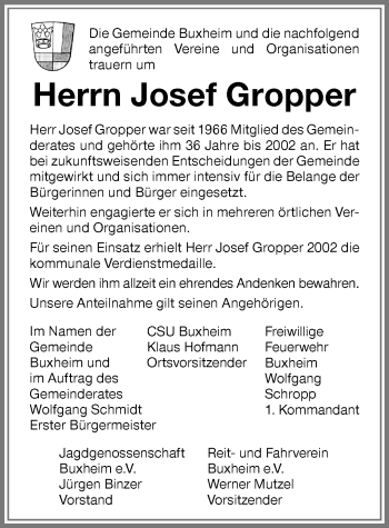 Traueranzeige von Josef Gropper von Memminger Zeitung