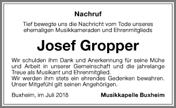 Traueranzeige von Josef Gropper von Memminger Zeitung
