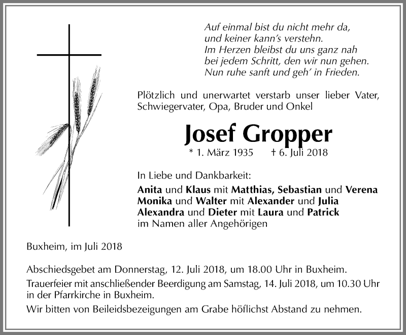  Traueranzeige für Josef Gropper vom 11.07.2018 aus Memminger Zeitung