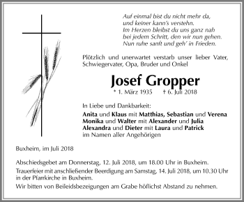 Traueranzeige von Josef Gropper von Memminger Zeitung